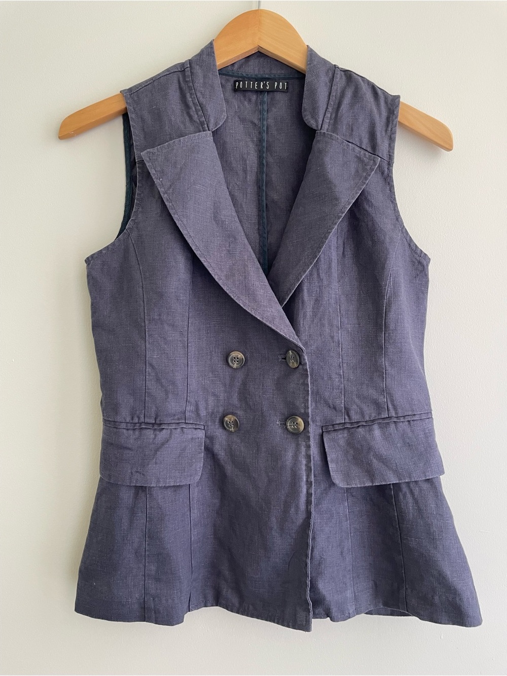 Potter's Pot 100% Linen Slate Blue Sleeveless Double-Breasted Lightweight Vest